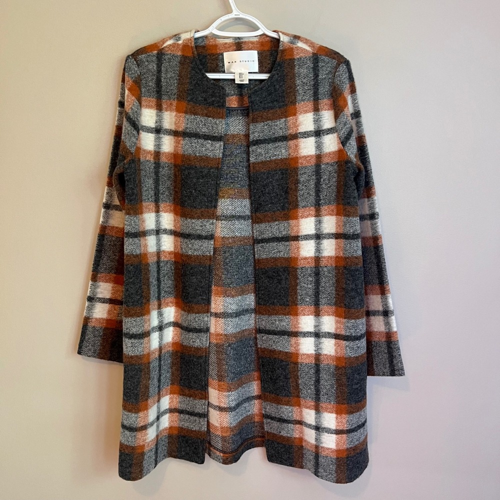 Max Studio Orange Grey Plaid Wool Blend Open Front Jacket S Midi Classic Chic
